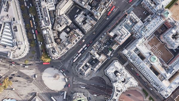 aerial view of a busy traffic circle in London